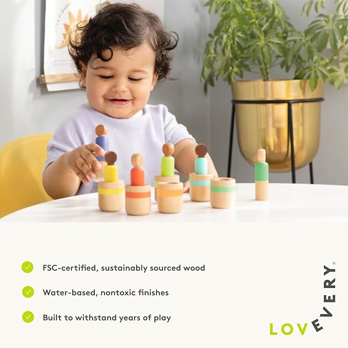 Lovevery Post & Play Peg People Baby Toy, 7 Wooden Peg Doll Practice Color Matching, Stacking, and Balancing, Ages 13 Months +