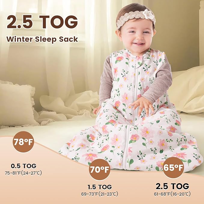 PHF 100% Cotton Baby Sleep Sack 6-12 Months, 2.5 TOG Winter Baby Wearable Blanket with 2-Way Zipper, Warm Comfy Quilted Sleeping Bags, Infant Sleeping Sack for Newborn Girls, Medium Size, Floral