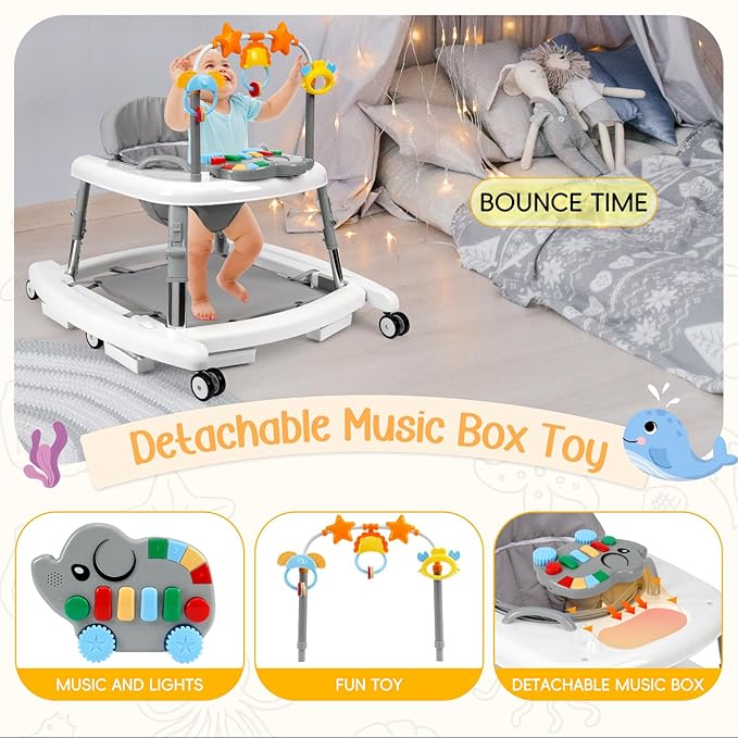 5-in-1 Music and Lights Baby Walker Foldable with 5 Adjustable Heights, Baby Walker with Wheels and Bouncer Combo Portable, Infant Toddler Walker for Baby Boy Girls 6-18 Months