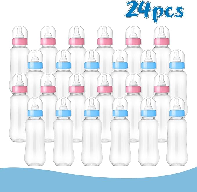 Norme Baby Shower Bottles 9.5 oz Plastic Baby Bottles Chug Sign Shower Game Party Favors Baby Bottles Bulk for Baby Shower Decorations Gender Reveal Gifts(Blue, Pink, 24 Pcs)