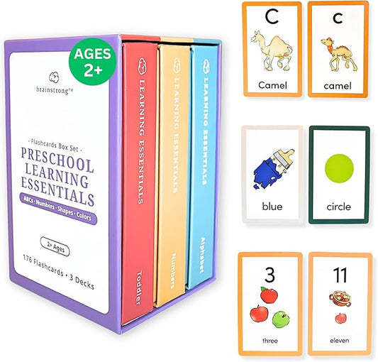 176 Prek Flashcards | Learn to Read and Count | Ages 2-5 | Preschool - Kindergarten | Letter Numbers Shapes Colors | Brainstrong Premium Flash Cards | Preschool Learning Esssentials in Three Decks