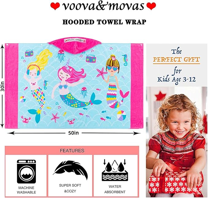 VOOVA & MOVAS Kids Hooded Beach Towel Age 3-10, 30''X50,Soft | Thick | Large | 100% Cotton,Absorbent Beach, Bath, Pool Towels Wrap for Girls, Sea Mermaid