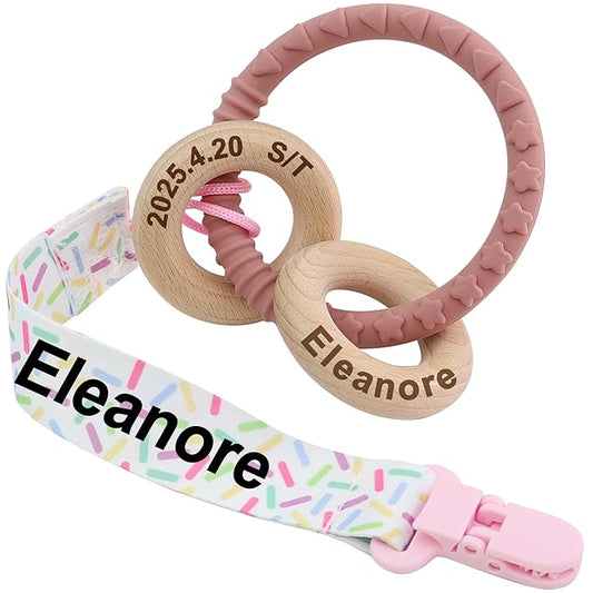 Personalized Name Teether Rattle with Name for Newborn,Custom Wooden Baby Rattle Toys Teether Ring Gift