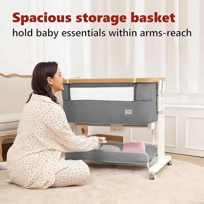 Rocking Bassinet for Baby Electric Automatic Bedside Sleeper Rocks Itself 3 Speed Auto Rolling Newborn Cradle 5 Height Adjustable with Music, Wheels, Storage, Dark Grey
