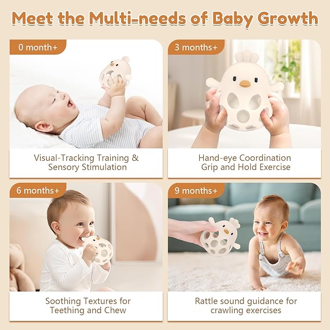 MCGMITT Teethers for Babies 3-6 Months, Easy Grasp Silicone Baby Rattles 0-6 Months, BPA-Free Non Toxic Montessori Infant Toys for Teething Relief, Soft Interactive Infant Car Seat Toys Bath Toys