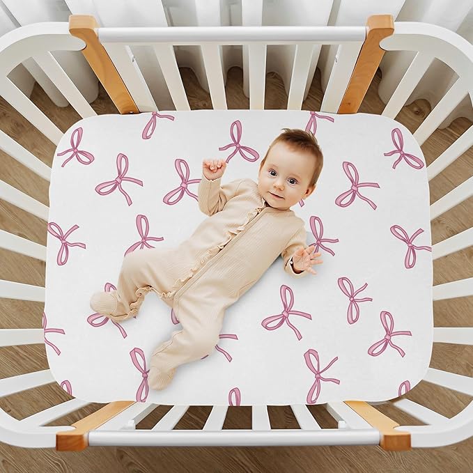 Baby Crib Sheets Bow Ribbon Pattern Crib Sheets for Boys Girls,Neutral Bassinet Toddler Bed Play Sheets Breathable Soft and Portable 52 * 28 * 9in