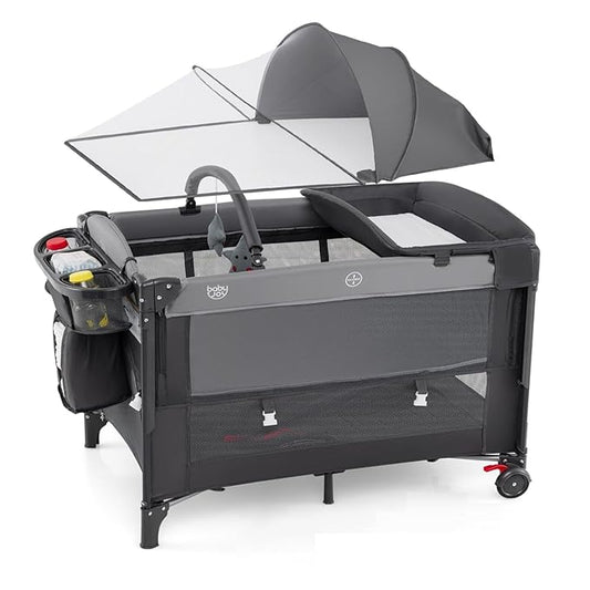 BABY JOY 5-in-1 Pack and Play with Canopy, 4 Adjustable Heights Baby Bedside Sleeper w/Bassinet, U-Shaped Diaper Changer, Safety Strap, Side Zipper, Portable Bedside Playard from Newborn to Toddlers