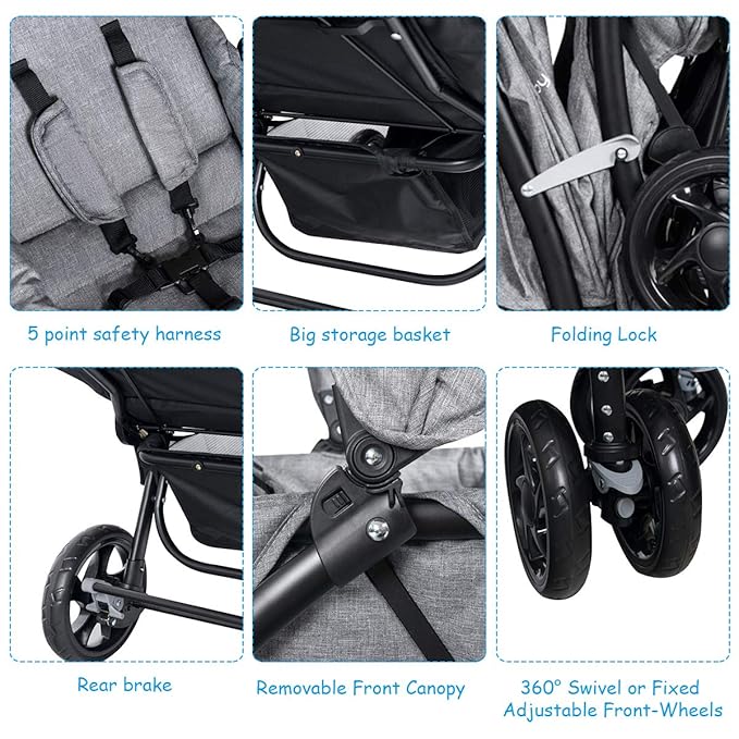 BABY JOY Double Stroller, Foldable Lightweight Twin Stroller with Tandem Seating, Adjustable Backrest/Canopy/Footrest, 5-Point Harness, Storage Basket, Newborn and Toddler (Gray)