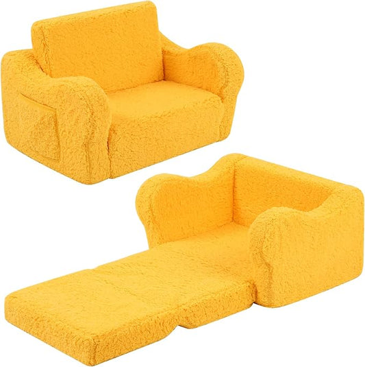 Kids Chairs for Toddler, 2-in-1 Toddler Soft Sherpa Couch Fold Out, Convertible Sofa to Lounger for Girls and Boys, Halloween Decor, Yellow