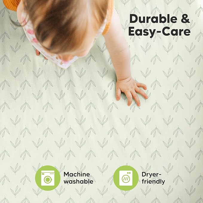 2-Pack Mini Crib Sheets Fitted - 38x26 Pack N Play Sheets for Pack and Play Mattress, Organic Cotton, Soft & Breathable Playard Bedding, Neutral Mini Toddler Bed Cover for Boys, Girls (Fleur)
