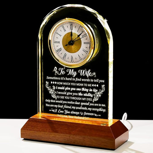 Glass Clock Gifts for Wife from Husband with Wooden Light Base, Personalized Gift for Wife Who Has Everything on Birthday Valentine's Day, Presents for Her on Christmas Home Desk Clock