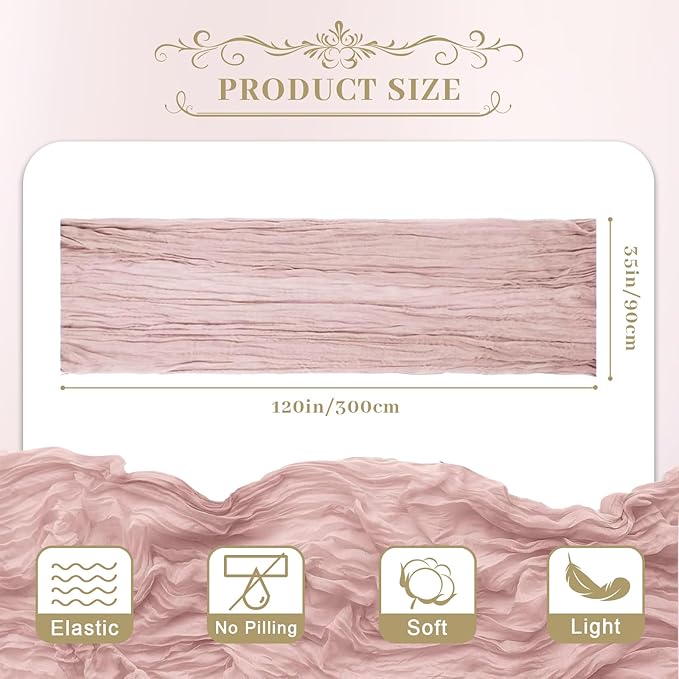 Le courant 12pcs 10Ft Cheesecloth Table Runner, Rustic Boho Gauze Cheese Cloth Runner Table Runner for Weddings Bridal Baby Shower Birthday Holiday Parties Home Decor, Dusty Pink