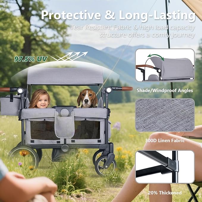 Kinder King Folding Wagon Stroller for 2 Kids, All-Terrain Baby Stroller Wagon Outdoor, Removable Canopy 2 Seater, Adjustable Handle, Shock-Absorbing Wheel, Detachable Tray, Parent Organizer, Gray