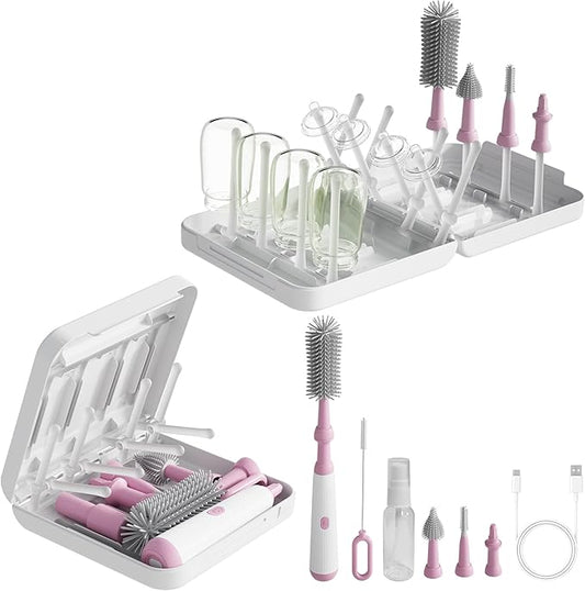 Powerful Electric Baby Bottle Brush Cleaner Set,Complete with Silicone Bottle/Nipple/Gap/Straw Brushes,Plus a Dispenser and Foldable Drying Rack,Effort Electric Cleaning Brush,Portable Travel Set