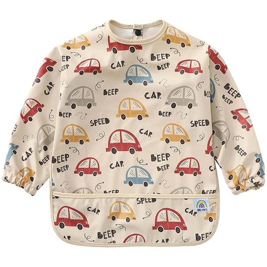 ARI MES Long Sleeves Waterproof Baby Bibs for Eating - Cars, Medium- Wearable, Coverall for Toddler, Long Sleeve Bib, Smock for Toddler, Apron for Feeding - Applicable for 6-72 Months