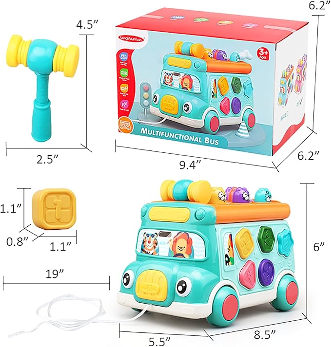 Music Activity Bus Baby Toy, Infant Education Learn Car, Sound & Light, Interactive Game, Shape Sorter, Animal Matching, Holiday Birthday Present for Toddler Kid Boy Girl 3 4 5 6 7 Years (Blue)
