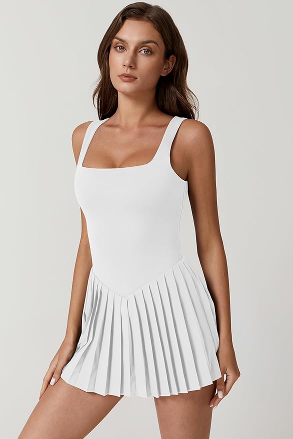 QINSEN Womens Square Neck Tennis Dress Pleated Sleeveless Built in Shorts Golf Athletic Dress with Pockets
