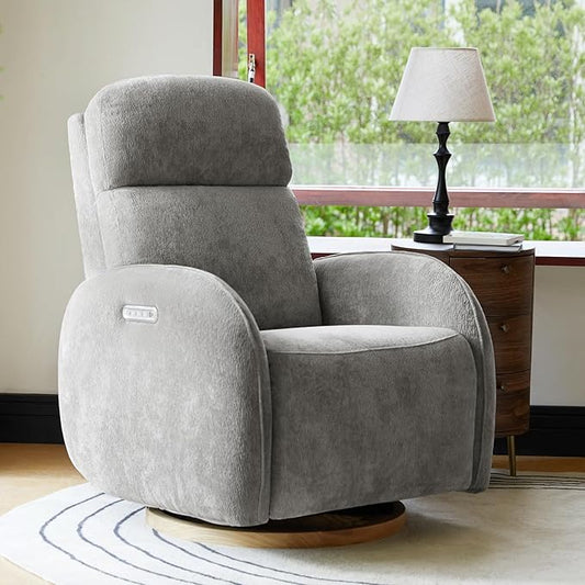 HULALA HOME Glider Recliner Nursery Chair with Adjustable Headrest and Lumbar Support, Modern Power Recliner with USB Port and Nightlight, Swivel Rocker Glider for Nursing Room Bedroom, Grey