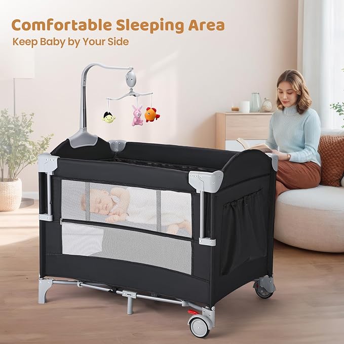 JOYMOR Pack and Play with Changing Table, 5-in-1 Portable Baby Bedside Bassinet with Storage, Travel Crib with Carry Bag, Compact Fold (Black)