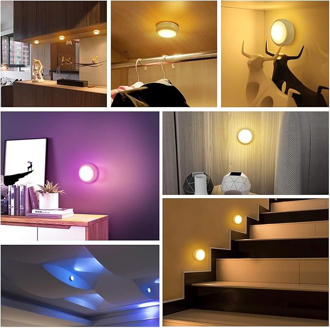 BLS LED Puck Lights with Remote Control, Wireless Under Cabinet & Closet Lighting, RGB 13 Color Changing Lights with Dimmer, Timer & AA Battery Operated, Push, Touch, Stick on for Night, Wall, 6 Pack