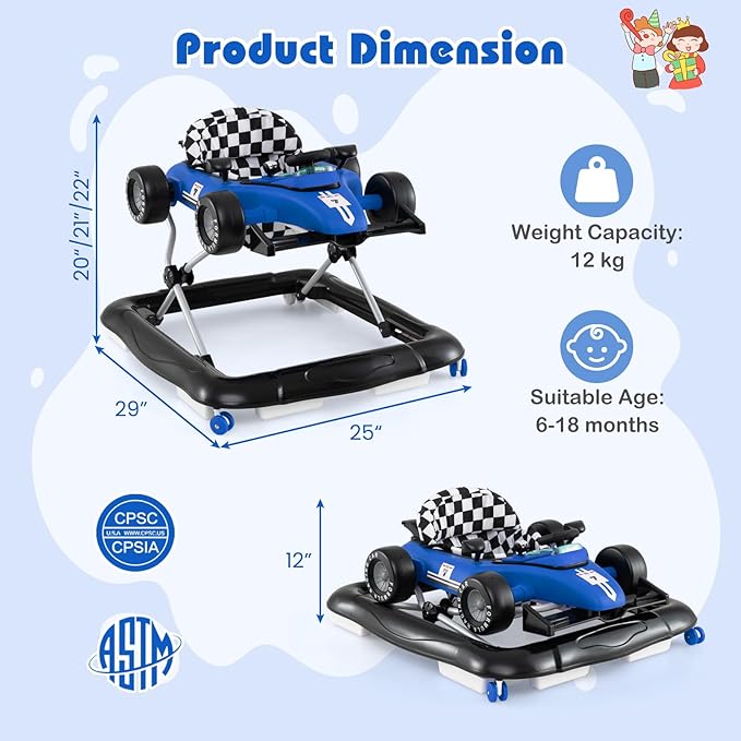 BABY JOY 4-in-1 Baby Walker, Foldable Activity Walker with Push Mode, Adjustable Height, Lights, Anti-Rollover, Baby Walker with Wheels for Boys Girls 6-18 Months (Blue)