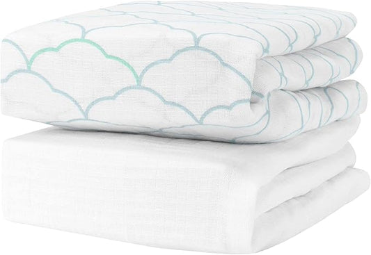 Newton Baby Organic Fitted Crib Sheets - Ultra Breathable and Soft, 100% Organic Muslin Cotton, Dreamweaver Print in Moonstone Mist + Solid White, Fits All Standard Cribs