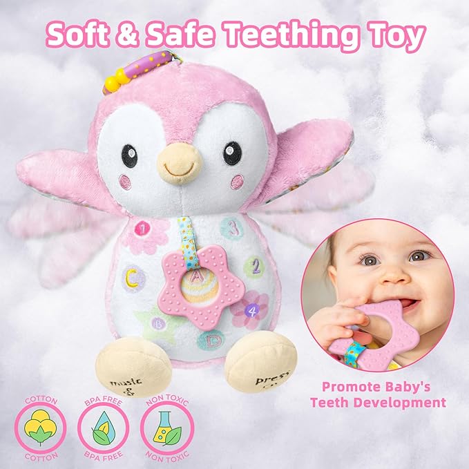 Baby Toys 0-6 Months,Musical Plush Stuffed Animal with Rattles & Crinkle Paper,Hanging Ring for Sensory Play,Tummy Time Toys for 0-12 Months Girls, Baby Girl Gift (Pink)