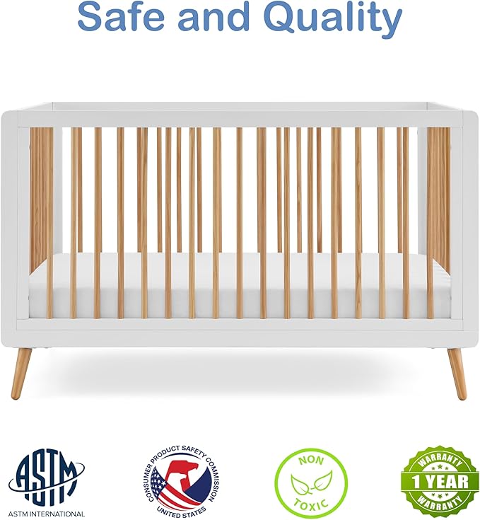 Tatum 3-in-1 Convertible Crib, White/Natural Finish, Solid Wood, Adjustable Mattress Height, Converts to Toddler Bed & Daybed, Fits Standard Full-Size Crib Mattress
