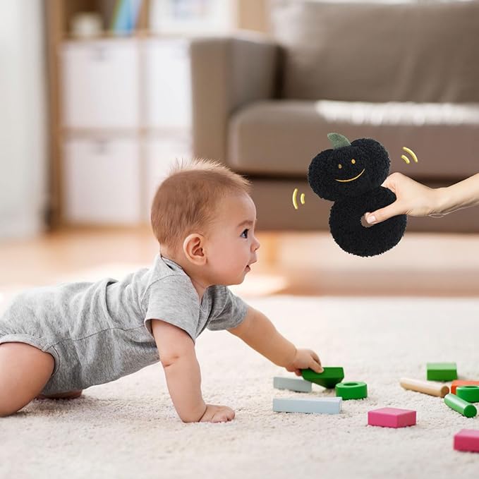 Baby Pumpkin Soft Rattle Toy, Plush Pumpkin Infant Shaker Rattle Easy-Grasp Stuffed Animal Toy, Gifts for Newborns Babies Toddlers Boys Girls, Black, 6 Inches