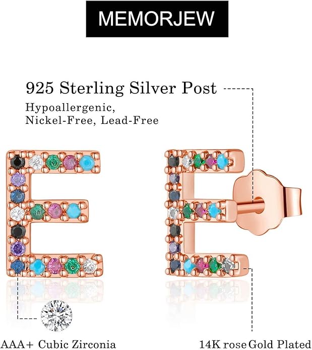 Memorjew Initial Stud Earrings for Women, Hypoallergenic 925 Sterling Silver Post Rainbow Cubic Zirconia Gold Plated 26 Initial Earrings for Women Jewelry Gifts