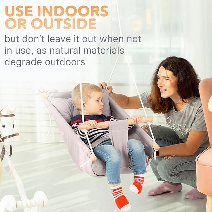 CaTeam Canvas Toddler Swing – Indoor/Outdoor Hanging Chair for Patio & Playroom with Safety Belt – Wooden Baby Seat for Ages 12+ Months – Taupe Gray