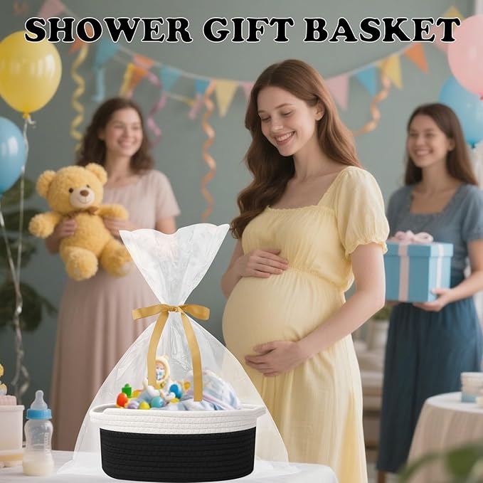 Gift Basket with Gift Bag and Ribbons,Small Rope Woven Shelf Storage,Baskets for Gifts Empty,Birthday,Shower,Decorative Organizer Box for Cat Dog Pet with Handles(White&Black)