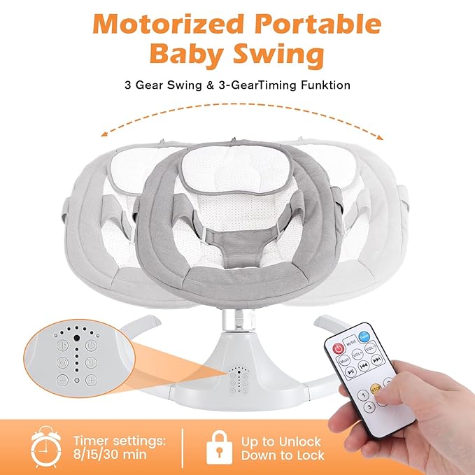 Baby Swing 5 Speed Remote & Bluetooth 12 Preset Lullabies with Remote Control,3-Point Widening Harness,Infant Rocker for Breastfeeding Playtime,ASTM F2167 Certified (0-12 Months)