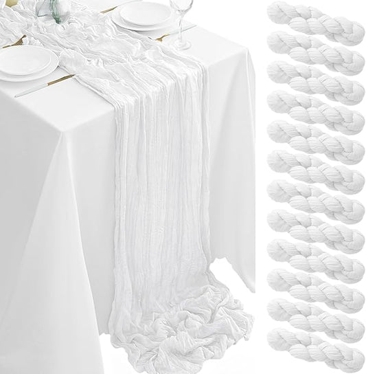 12Pack White Table Runner 10FT Cheesecloth Table Runner 35x120inch Cheese Cloth Table Runners Rustic Boho Gauze Table Runners for Party Wedding Birthday Dining Bridal Baby Shower Decor