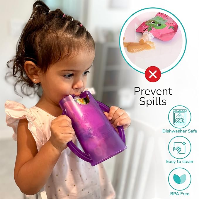 Squeeze Proof Food Pouch Holder for Toddlers, Babies, Kids, Mess Free No Squeeze Juice Box Drink Holder with Easy Grip Handles and Lid - Made in USA (Blue 3 Pack)