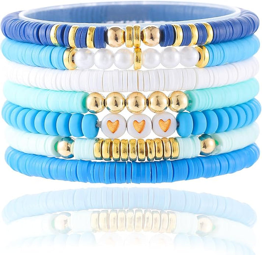 Friendship Bracelets Trendy Heishi Clay Bead Bracelets Stack Gold Beaded Stretch Bracelets for Women Boho Stackable Bracelets Bulk Cute Preppy Jewelry