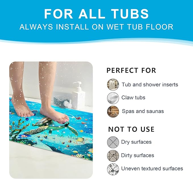 XIYUNTE Baby Bath Mat for Tub Non Slip Kids Bath Mat - 40''x16'' Extra Long Kids Bath Tub Mat Non Slip, Eco-Friendly Toddler Bath Mats with Suction Cups for Secure Grip, Easy to Clean & Easy Drying