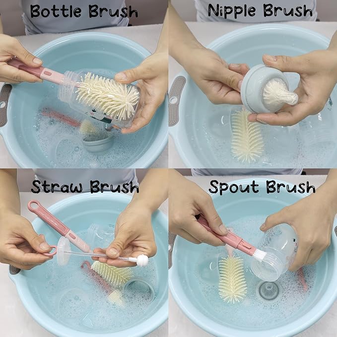 Silicone Baby Bottle Brush Set, Includes Baby Bottle Brush, Nipple Brush, Straw Brush, Spout Brush, Drying Rack and Storage Box, Portable and Travel-Friendly (Round - Pink)