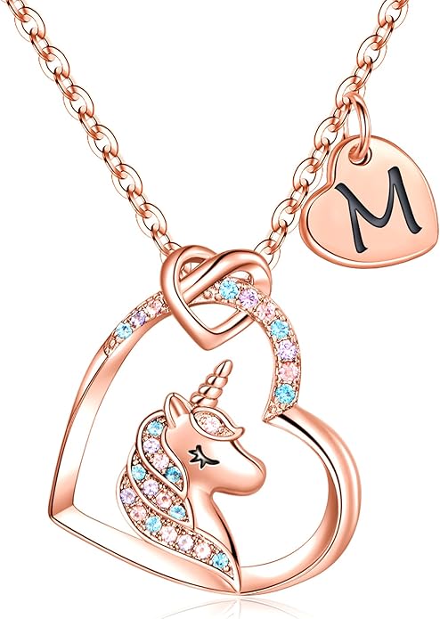 Hidepoo Unicorn Necklace Gifts for Girls Daughter - Colorful CZ Heart Pendant Initial Unicorn Necklaces for Girl Teens Little Girls Jewelry Birthday Gift
