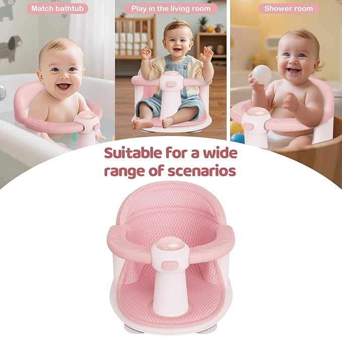 Baby Bath Seat for Babies 6 Months & up, Soft Cushions, Non-Slip Baby Bath Seat, Safe & Comfortable Baby Bath Support, for Bathtub/Living Room/Shower Room(Pink)