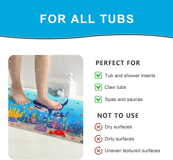 XIYUNTE Baby Bath Mat for Tub Non Slip Kids Bath Mat - 40''x16'' Extra Long Cartoon Shark Baby Bath Tub Mat Eco-Friendly Toddler Bath Mats with Suction Cups and Drain Holes Easy to Clean & Easy Drying
