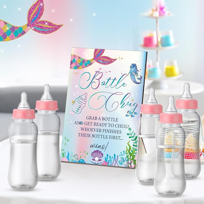 TrelaCo Mermaid Cool Baby Shower Games Bottle Chug Sign Wooden Mermaid Theme Gift Sets Gender Reveal Party Favors and 12 Pcs Baby Bottle Shower Favor for Games Gender Reveal