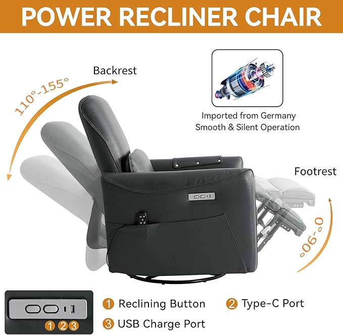 Genuine Leather Modern Electric Swivel Glider Power Recliner Chair with USB and Type-C Ports for Living Room, Power Lift Function, Grey