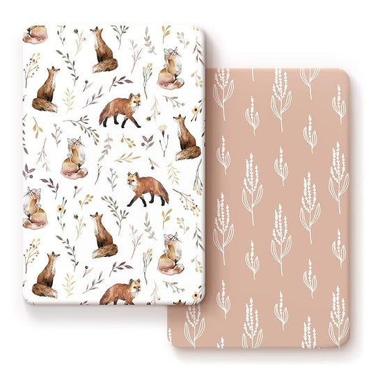 GRSSDER Stretchy Ultra Soft Jersey Knit Fitted Pack n Play Sheets Set 2 Pack, Fit Portable/Mini Crib, Playards Mattress Pads Safe and Snug, Pretty Fox for Baby Girls