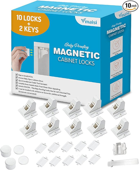 Vmaisi Adhesive Magnetic Locks for Cabinets & Drawers (10 Locks and 2 Keys)