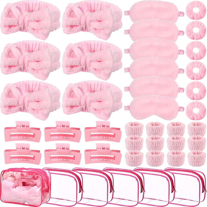 42 Pcs Spa Sleepover Party Supplies Include 6 Sleep Eye Mask 6 Spa Headband 12 Wrist Washband 6 Velvet Scrunchies 6 Hair Claw Clips 6 Clear Cosmetic Bags for Girls Slumber Party Favors Gift