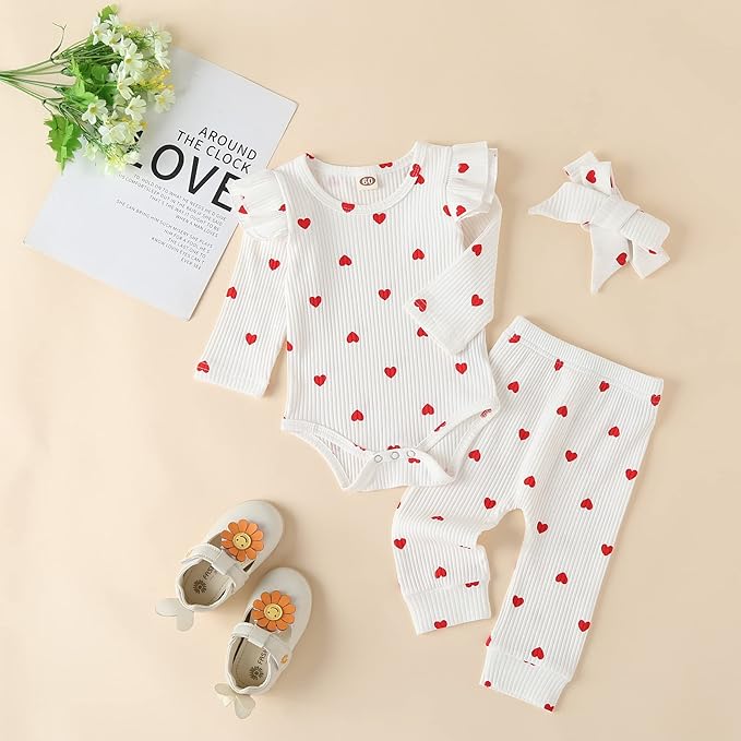 Fullfamous Baby Girl's 3pc Rib Frill Long Sleeve Romper and Pant Set