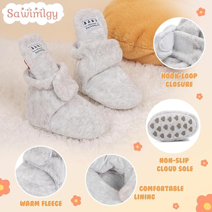 Sawimlgy Newborn Infant Baby Girl Boy Cotton Booties Stay On Sock Slippers Soft Bedroom Shoes Non-Skid Ankle Boots With Grippers Toddler Crib Warm Shoe First Walker Birthday Shower