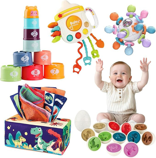 5 Pcs Baby Montessori Toys for 6 12 18 Months, Gift for 1 Year Old Boy Girl, Baby Tissue Box, Dino Matching Egg, Pull String Toy, Teething Toy, Stacking Cup