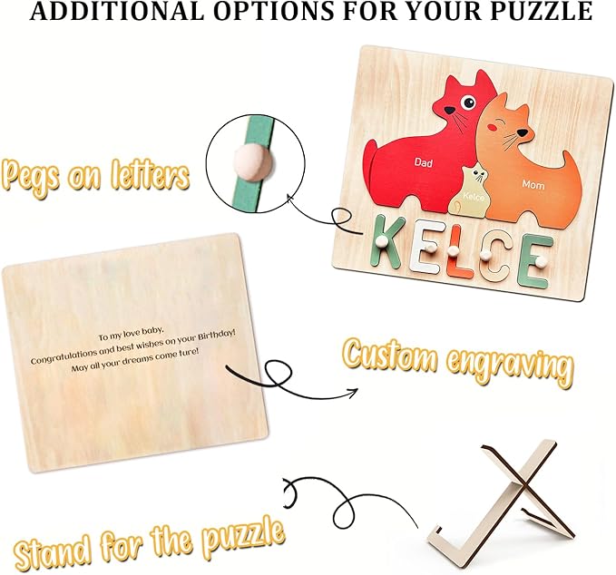 Name Puzzles for Kids Personalized Wooden Name Puzzles for Toddlers 1-3, Personalized Puzzle Cat Family Puzzle for Home Decor, First Birthday Gifts for Boys Girls, Personalized Gifts for Mom Dad Kids